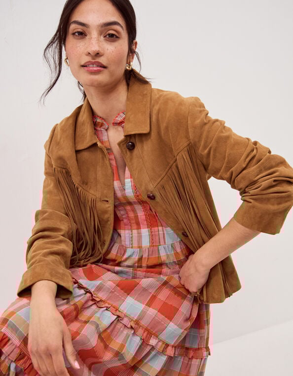 Lily Fringe Suede Jacket, Tan (TAN), large