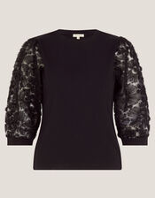 Flavia Sheer Appliqué Sleeve Jersey Top, Black (BLACK), large