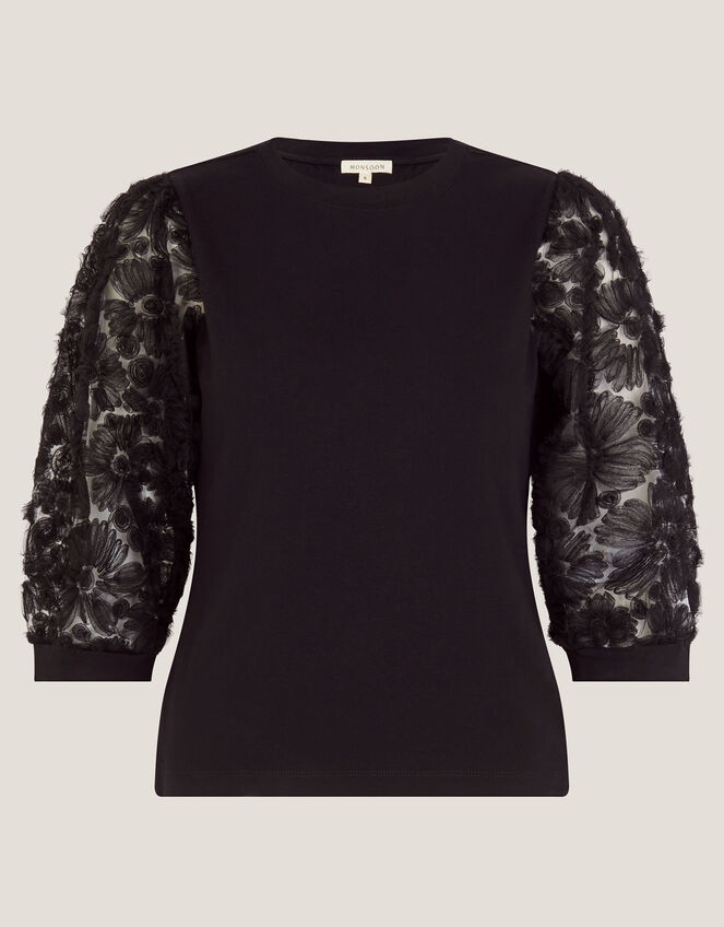 Flavia Sheer Appliqué Sleeve Jersey Top, Black (BLACK), large