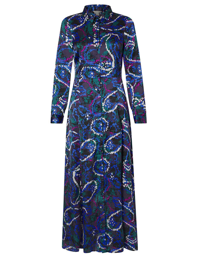 Paisley Print Satin Shirt Dress, Blue (NAVY), large