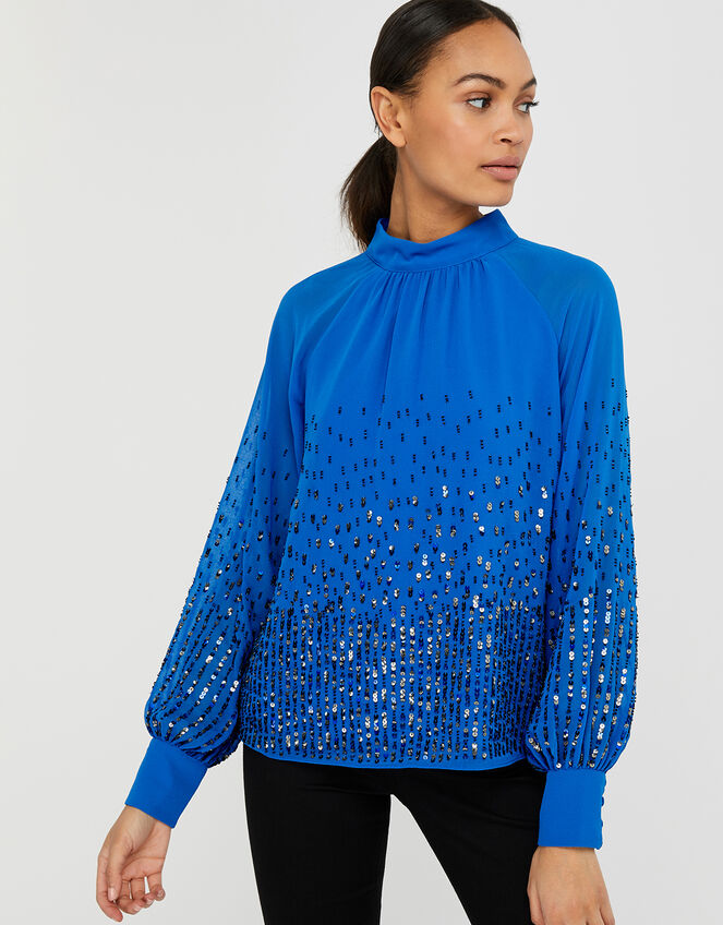 Leah Sequin Blouse, Blue (BLUE), large