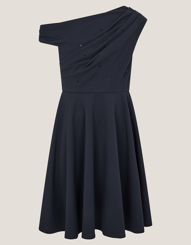 One-Shoulder Drape Skater Dress, Blue (NAVY), large