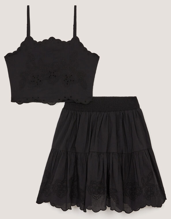 Embroidered Cotton Top & Skirt Set, Black (BLACK), large