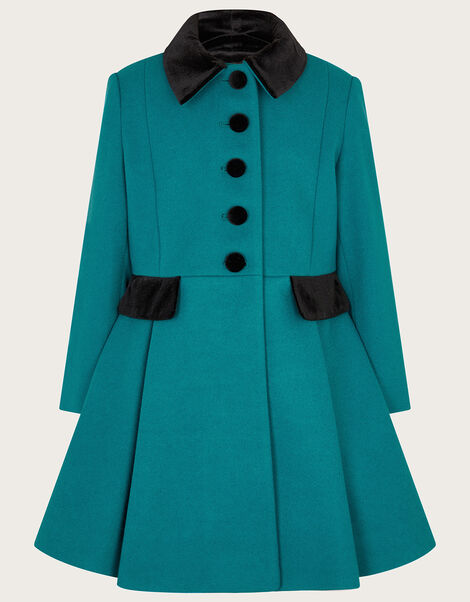 Velvet Trim Skirted Wool Blend Coat, Teal (TEAL), large