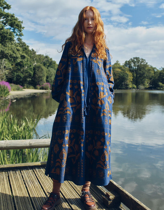 East Joseline Long Sleeve Embroidered Maxi Dress, Blue (NAVY), large