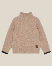 Cable Knit Half Zip Jumper, Camel (OATMEAL), large