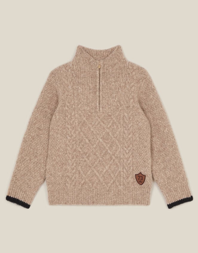 Cable Knit Half Zip Jumper, Camel (OATMEAL), large