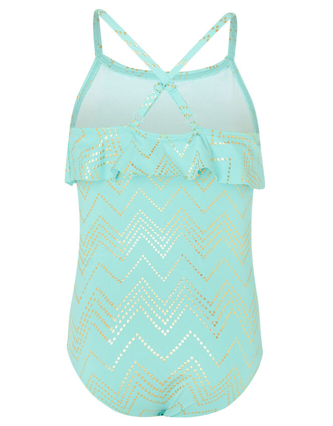 Chevron Foil Frill Swimsuit, Blue (TURQUOISE), large