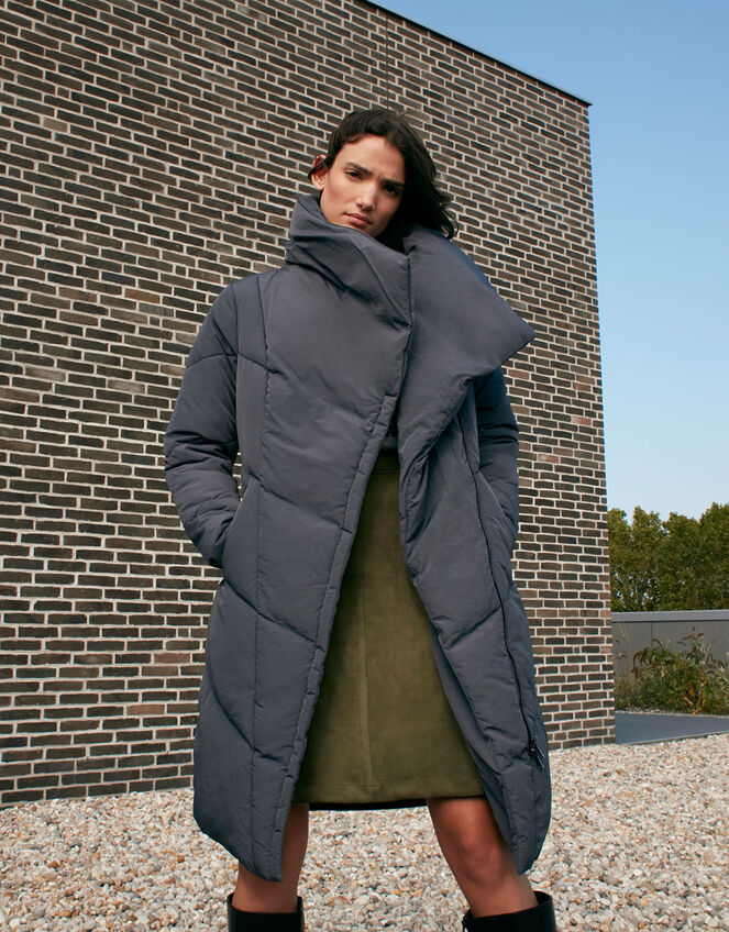 Dhalia Long Padded Coat in Recycled Fabric, Grey (CHARCOAL), large