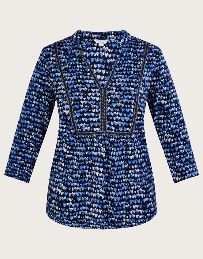 Heart Print Linen Top, Blue (BLUE), large