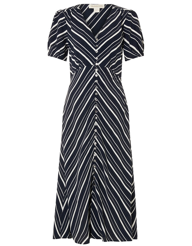 Stripe Midi Dress in Sustainable Viscose, Blue (NAVY), large