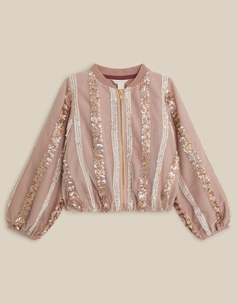 Sequin Stripe Bomber Jacket, Gold (GOLD), large