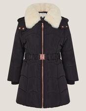 Fluffy Collar Belted Puffer Coat, Black (BLACK), large