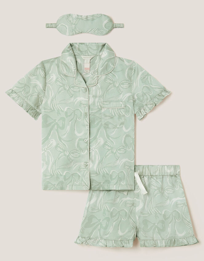 Bow Print Pyjamas & Sleep Mask Set, Green (GREEN), large