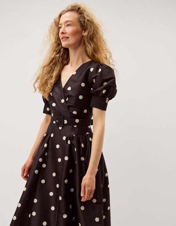 Amara Polka Dot Belted Midi Dress, Black (BLACK), large