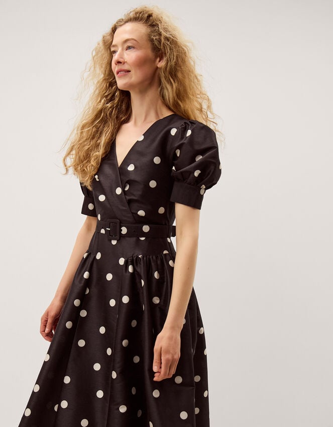 Amara Polka Dot Belted Midi Dress, Black (BLACK), large