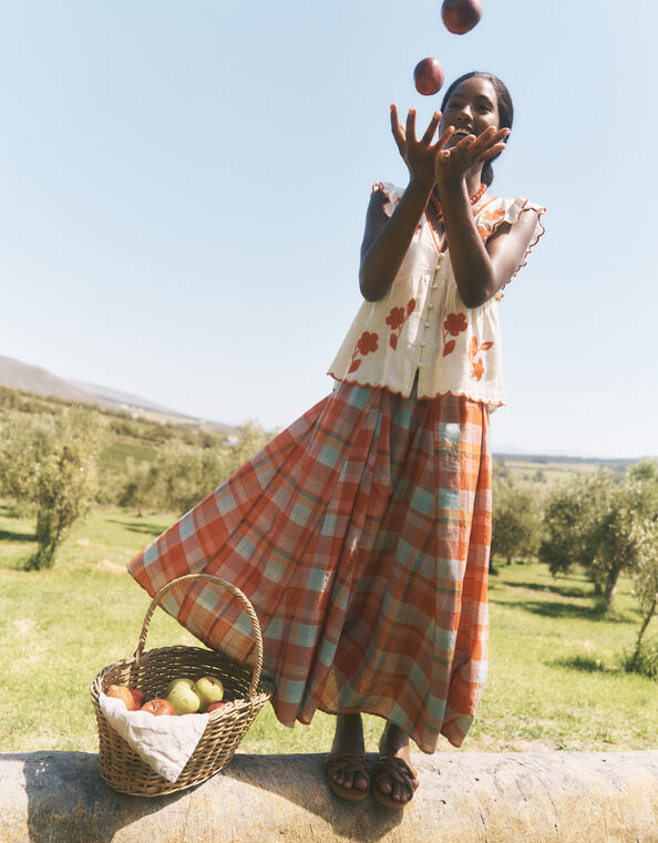 Cecily Check Midi Skirt, Orange (ORANGE), large