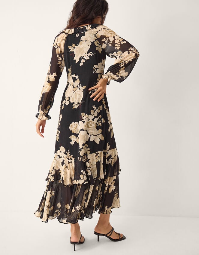 Rowena Floral Print Ruffle Maxi Dress, Black (BLACK), large