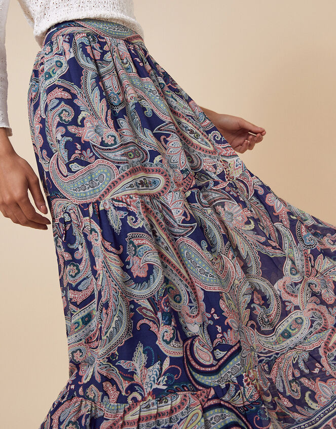 Paisley Print Tiered Midi Skirt, Blue (BLUE), large