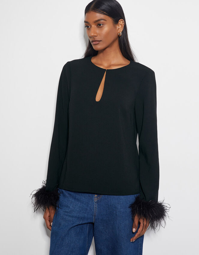 Tiggy Long Sleeve Feather Top, Black (BLACK), large