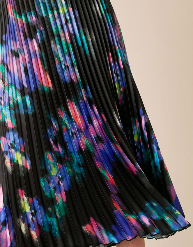 Blur Print Pleated Satin Midi Skirt, Black (BLACK), large