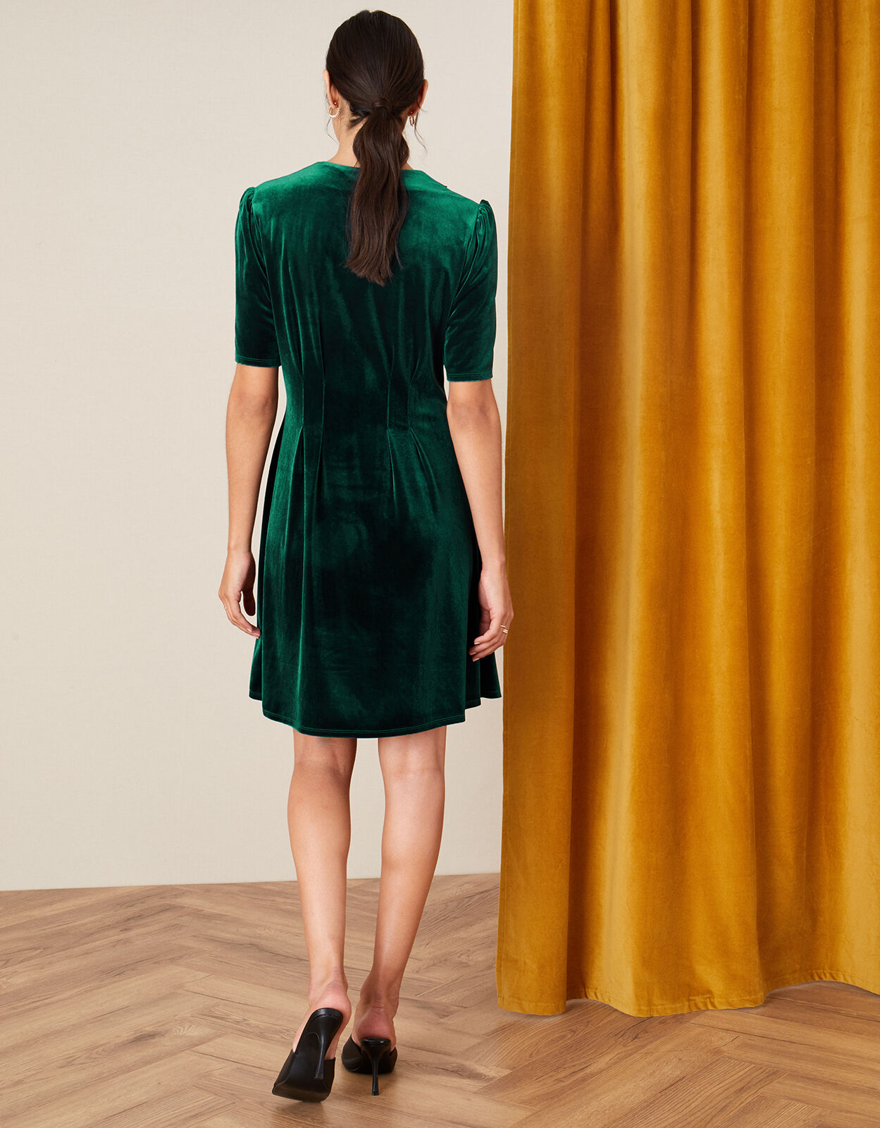 Connie Embellished Stretch Velvet Collar Dress Green Day Dresses
