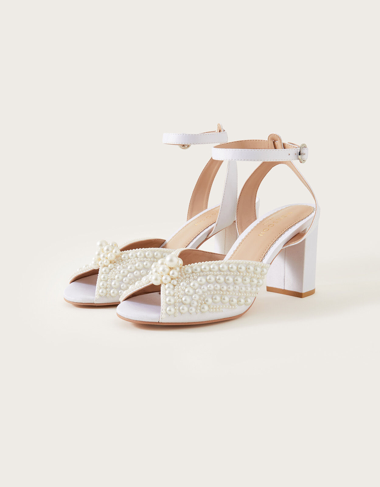 Allover Iridescent Pearl Low Block Heel Sandals | David's Bridal