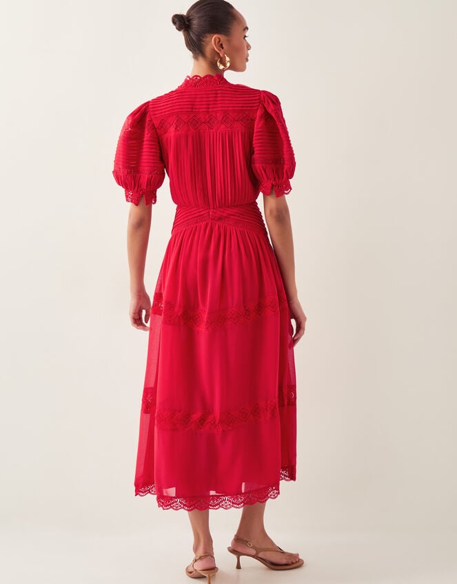 Kiana Pintuck Puff-Sleeve Midi Dress, Red (RED), large