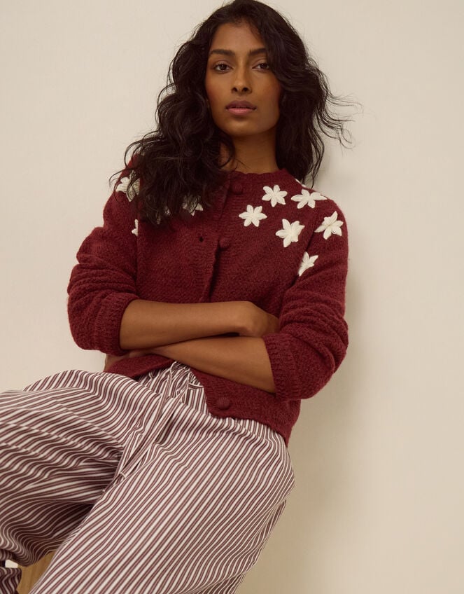 Erin Floral Embroidered Cardigan, Red (BURGUNDY), large