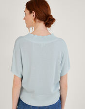 Loose V-Neck Metallic Short Sleeve Jumper, Blue (BLUE), large