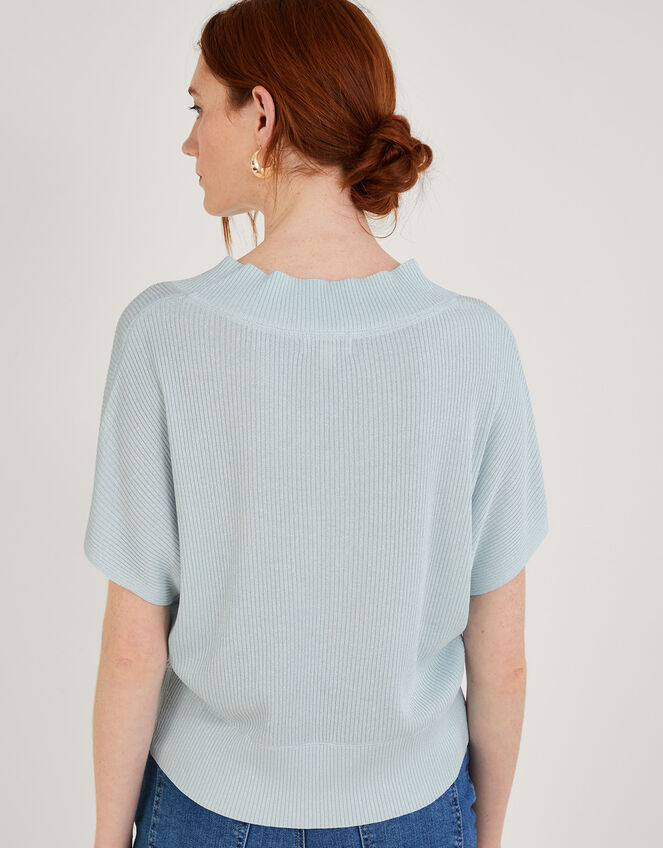 Loose V-Neck Metallic Short Sleeve Jumper, Blue (BLUE), large