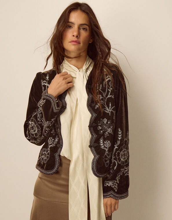 Julia Embellished Velvet Jacket, Brown (CHOCOLATE), large