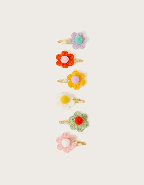 Pom-Pom Crochet Flower Hair Clips 6 Pack, , large