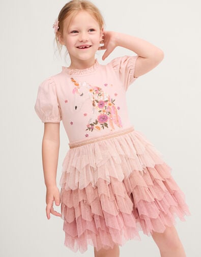 Unicorn Embellished Tiered Disco Dress, Pink (PINK), large