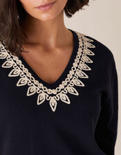 Cornelli Trim Dolman Sleeve Knit Jumper, Blue (NAVY), large
