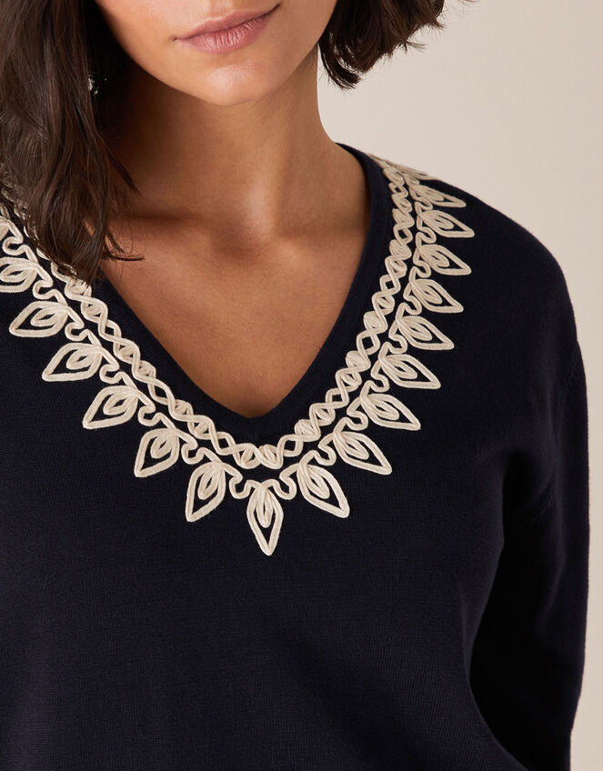 Cornelli Trim Dolman Sleeve Knit Jumper, Blue (NAVY), large
