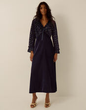 Stevie V-Neck Foil Polka Dot Velvet Midi Dress, Blue (MIDNIGHT), large