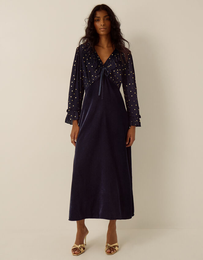 Stevie V-Neck Foil Polka Dot Velvet Midi Dress, Blue (MIDNIGHT), large