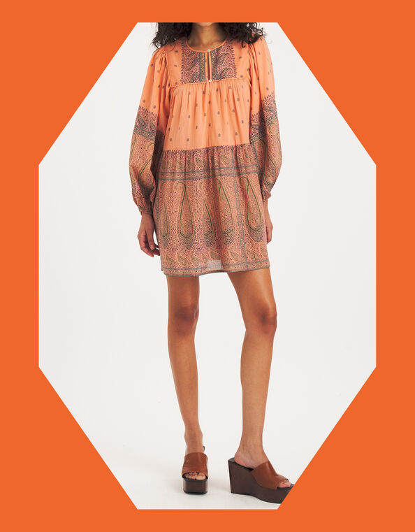 Antik Batik Johri Paisley Mini Dress, Orange (ORANGE), large
