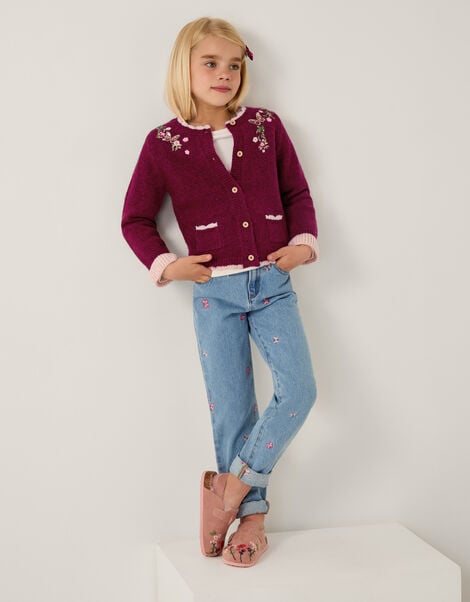 Floral Embroidered Cardigan, Red (BURGUNDY), large