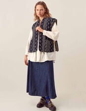 East Celine Printed Textured Cotton Gilet, Blue (NAVY), large