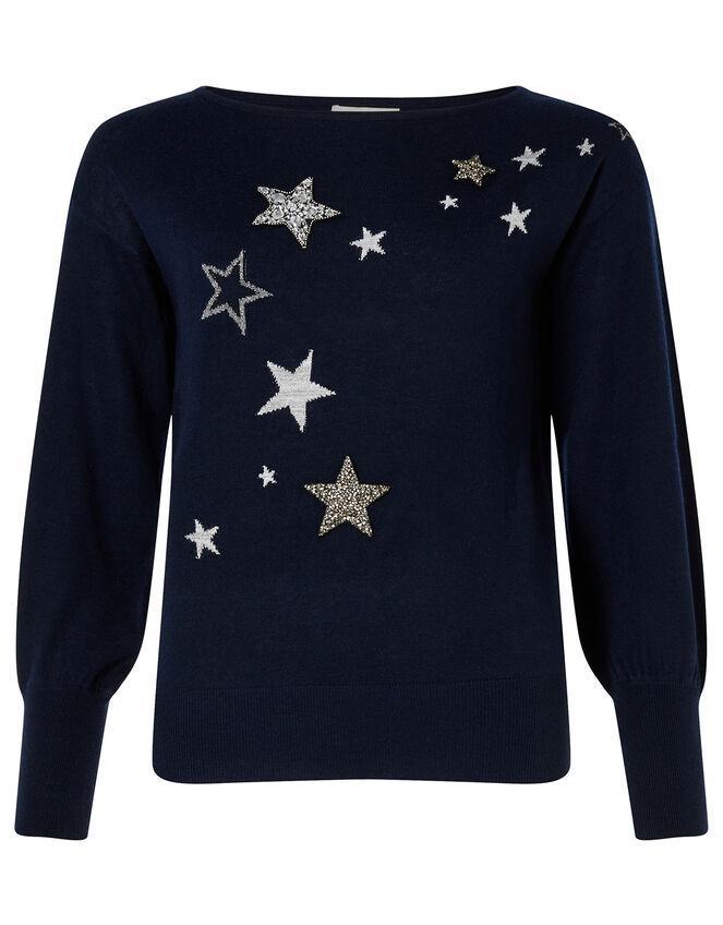 Sparkle Star Knit Jumper with Recycled Fabric, Blue (NAVY), large