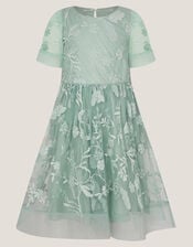 Montecarlo Floral Embroidered Party Dress, Green (SAGE), large