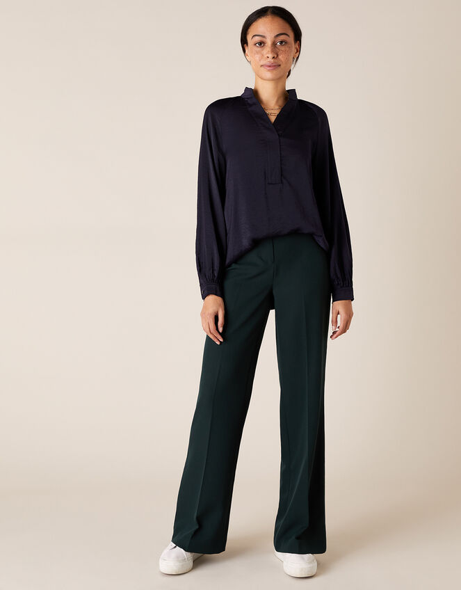 Long Sleeve Satin Blouse, Blue (NAVY), large