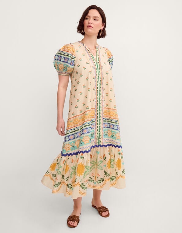 Monsoon x Charlie Taylor Printed Puff Sleeve Midi Dress, Ivory (IVORY), large