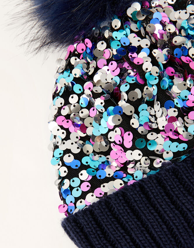 Dora Sequin Pom-Pom Beanie, Blue (NAVY), large