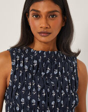 Denis Sleeveless Smocked Floral Top, Blue (NAVY), large