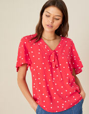 Spot Print Tie Front Top, Red (RED), large