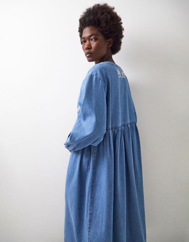 East Floral Embroidered Denim Midi Dress, Blue (BLUE), large