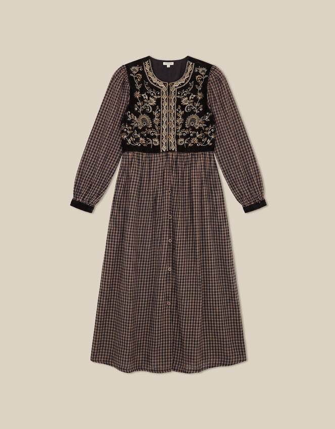 Elise Embroidered Check Print Midi Dress, Black (BLACK), large